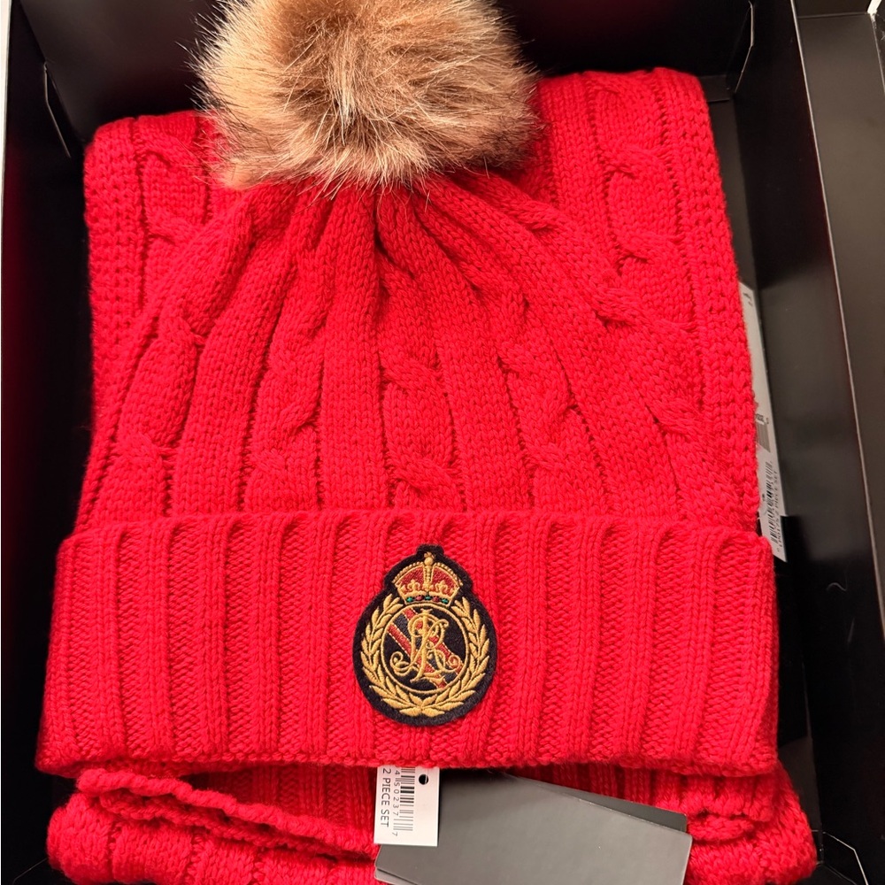 Polo by Ralph Lauren Red Knit Hat with Fur Pom